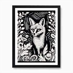 Fox In The Forest Linocut Illustration 17  Art Print