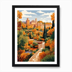 Gardens Of Alhambra, Spain In Autumn Fall Illustration 1 Art Print