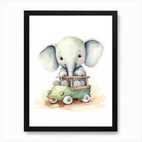 Baby Elephant On Toy Car, Watercolour Nursery 0 Art Print