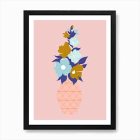 Blue And Gold Flowers In A Pink Vase Art Print