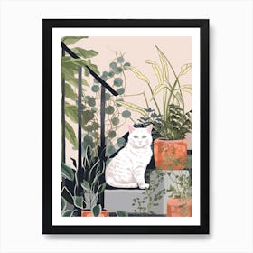 White Cat And House Plants 1 Art Print