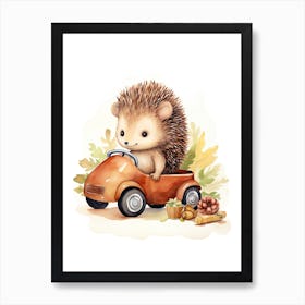 Baby Hedgehog On Toy Car, Watercolour Nursery 1 Art Print