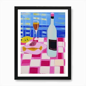 Painting Of A Table With Food And Wine, French Riviera View, Checkered Cloth, Matisse Style 5 Art Print