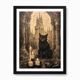 A Spooky Black Cat In The Church Courtyard With Candles Art Print