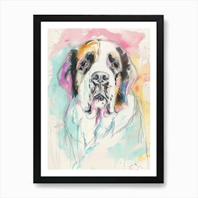 St Bernard Dog Pastel Line Watercolour Illustration  4 Art Print