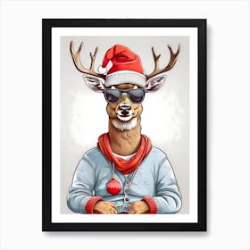 Deer Christmas Hat Art Print