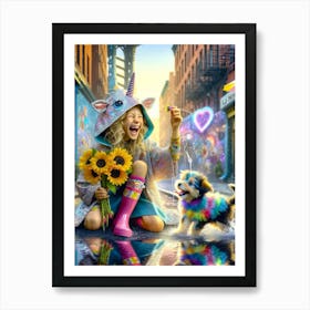 Happy coloful girl, playful dog, sunflowers Art Print