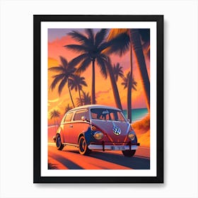 Retro Car At Beach With Sunset Art Print