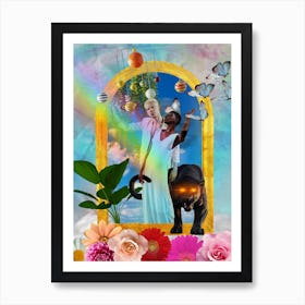 Afrofuturist collage African art comic space panther floral plant Art Print