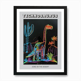 Neon Dinosaur Line Drawing In The Desert Poster Art Print