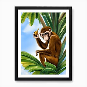 Monkey Holding A Banana In A Palm Tree Painting Art Print