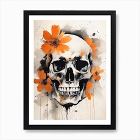 Abstract Skull Orange Flowers Painting (4) Art Print