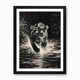 African Lion Charcoal Drawing Crossing A River 3 Art Print
