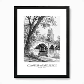 Congress Avenue Bridge Austin Texas Black And White Drawing 1 Poster Art Print