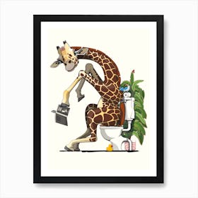 Giraffe On The Toilet Art Print