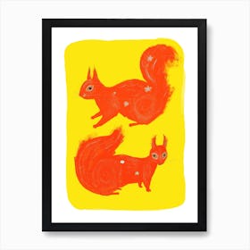 Red Squirrels And Forget Me Not Flowers Art Print