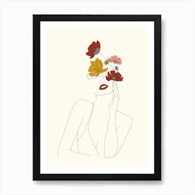 Colorful Thoughts Minimal Line Art Woman With Flowers Art Print