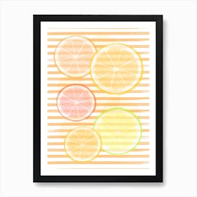 Lemon Slices On Striped Background Art Print