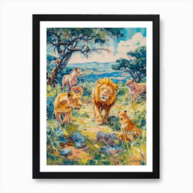 Southwest African Lion Interaction With Others Fauvist Painting 2 Art Print