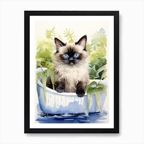 Balinese Cat In Bathtub Botanical Bathroom 7 Art Print