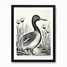 B&W Bird Linocut Canvasback 1 Art Print