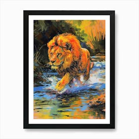 Asiatic Lion Crossing A River Fauvist Painting 2 Art Print