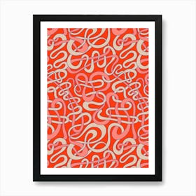 MY STRIPES ARE TANGLED Curvy Organic Abstract Squiggle Shapes in Retro Salmon Pink Cream Sapphire Blue on Coral Red Art Print