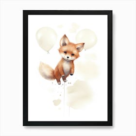 Baby Fox Flying With Ballons, Watercolour Nursery Art 4 Art Print