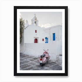 Pink Vespa In Front Of A Church Art Print