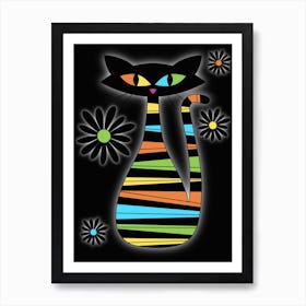 Black Cat With Flowers Art Print