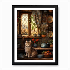 Cat In A Medieval Cottage With Fruit & Flowers Art Print