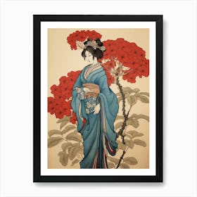 Ajisai Hydrangea Vintage Japanese Botanical And Geisha Art Print