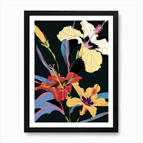 Neon Flowers On Black Hibiscus 2 Art Print