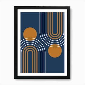 Mid Century Modern Geometric B25 In Navy Blue And Copper (Rainbow And Sun Abstract) 01 Art Print