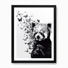 Red Panda Cub Playing With Butterflies Ink Illustration 1 Art Print