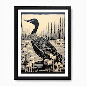 B&W Bird Linocut Loon 4 Art Print