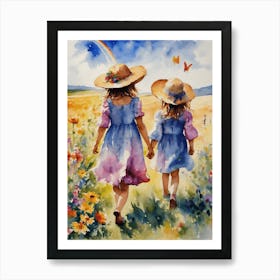 Watercolor Rainbow Children Play in the Meadow on a Summer's Day - Colorful Watercolour of Girls Playing in Pretty Dresses Carefree Perfect Painting - Happiness Joy Butterflies Flowers, Botanical Mama Gallery Wall Artwork Floral Joyful Beautiful 1 Art Print