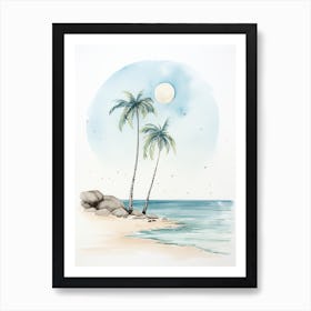 Watercolour Of Paradise Beach   Mykonos Greece 1 Art Print