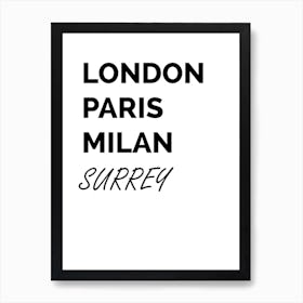 Surrey, London, Paris, Milan, Doncaster, Funny, Art, Location, Wall Print Art Print