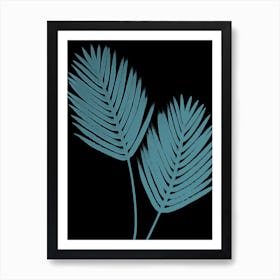 Black teal palm leaves 2 Art Print