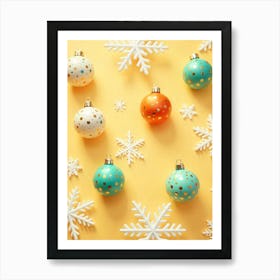 Christmas Ornaments On A Yellow Background Art Print