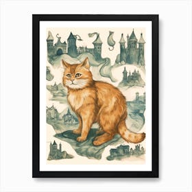 Spooky Medieval Castles With Fluffy Cat Art Print