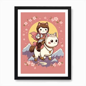 Kawaii Cat Drawings Horseback Riding Art Print