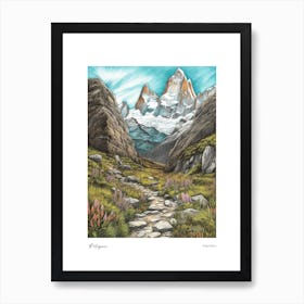 Patagonia Argentina Pencil Sketch 4 Watercolour Travel Poster Art Print
