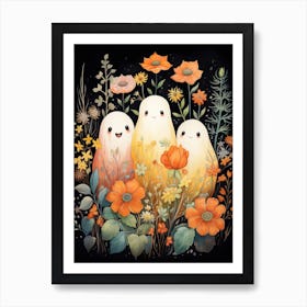 Cute Bedsheet Ghost, Botanical Halloween Watercolour 160 Art Print