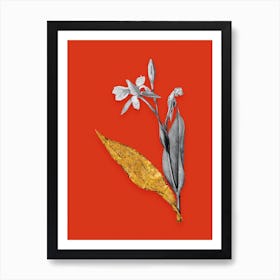 Vintage Bandana of the Everglades Black and White Gold Leaf Floral Art on Tomato Red n.0640 Art Print