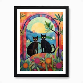 Black Cats In The Archway Of A Floral Monestary Art Print