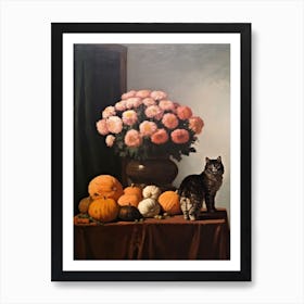 Painting Of A Still Life Of A Chrysanthemums With A Cat, Realism 1 Art Print