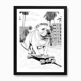 English Bulldog Dog Skateboarding Line Art 3 Art Print