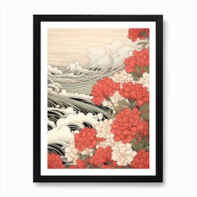 Great Wave With Sweet William Flower Drawing In The Style Of Ukiyo E 2 Art Print